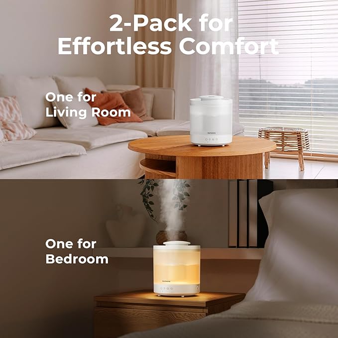 Homvana Small Humidifiers for Bedroom - 2 Packs 1.5L Cool Mist Top Fill Humidifier for Baby Nursery, Essential Oil Diffuser, 3 in 1 for Home Plants Offices and Grow Tents, 7 Color Lights, Ultrasonic
