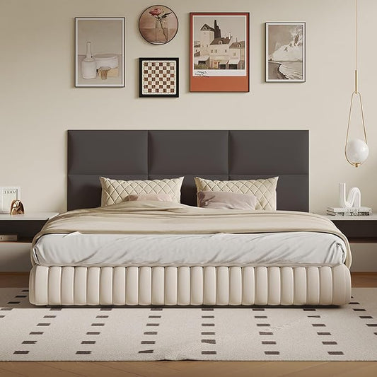 Gray Stick-On Wall Mounted Upholstered Headboard - 9-Piece Padded Bed Backboard for King and Queen Size Beds, 24 x 12 Inches Each, Easy-to-Install Sound-Proofing Decorative Bed Headboard