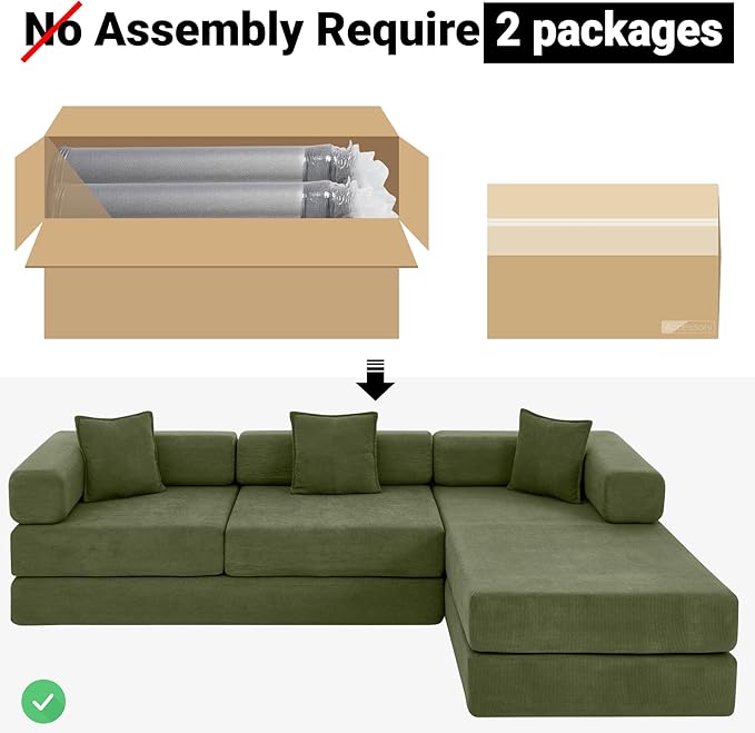 108" Oversized Convertible Sleeper Sofa Bed, Corduroy L Shape Sectional Couch, Folding Sofa Bed with Fixed-Shape Frame, Modern Cloud Floor Mattress Couch, Modular Sofa for Living Room, Green