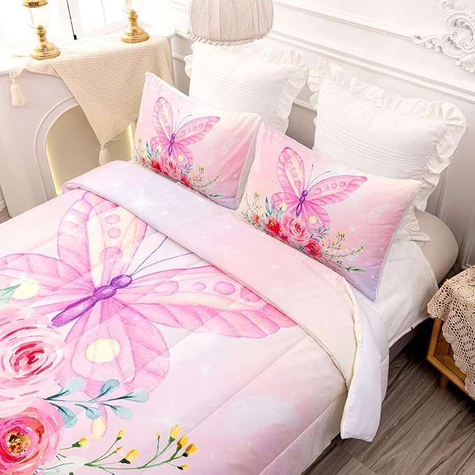 CVHOUSE Butterfly Comforter Set,Floral Butterfly Bedding Set for Girls Kids Teens,Flower Butterflies Comforter Butterflies Duvet Set Room Decor Quilt Set Twin Size