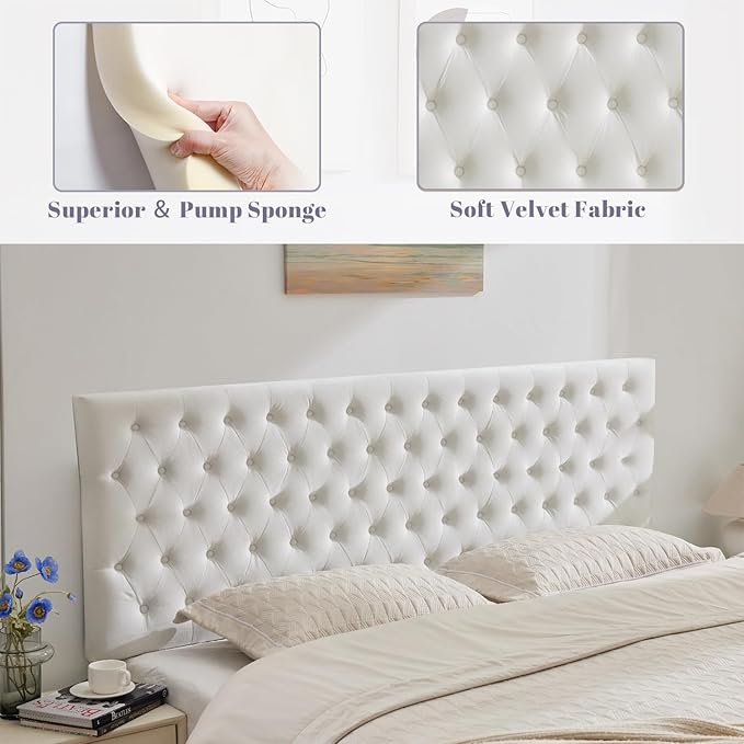 Kingfun Upholstered Queen Headboard Only, Premium Velvet Button Tufted Headboards, Adjustable Solid Wood Head Board, Padded Headboard with Solid Wood Legs in Bedroom (White)