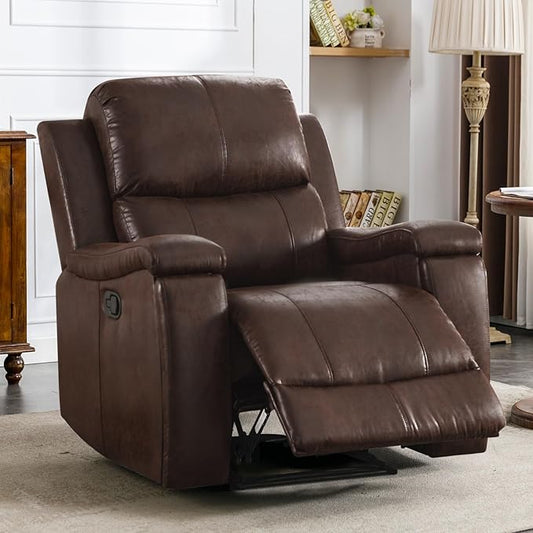 CANMOV Leather Recliner Chair, Classic and Traditional Manual Recliner Chair with Overstuffed Arms and Back, Manual Single Sofa with Concealed Cup Holders,Red Brown