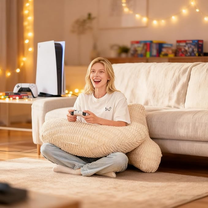 Back Pillow for Bed Sitting Up,U Shaped & Back Support Pillow for Bed,17" Backrest with Lumbar & Arm Support,Comfy Corduroy Fabric,Lap Pillow for Gaming/Reading/Watching TV,White