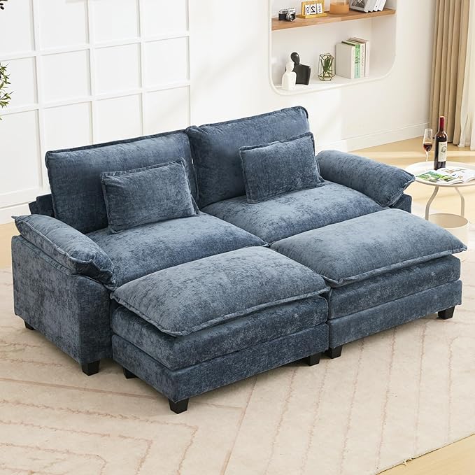 86" Modular Sectional Sofa, Comfy Cloud Couch Sectional Sofa with Ottoman, Chenille Sofa Sleeper Deep Seat Sofa with Throw Pillows for Living Room (Blue)