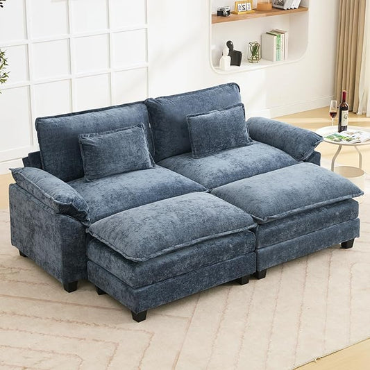 86" Modular Sectional Sofa, Comfy Cloud Couch Sectional Sofa with Ottoman, Chenille Sofa Sleeper Deep Seat Sofa with Throw Pillows for Living Room (Blue)
