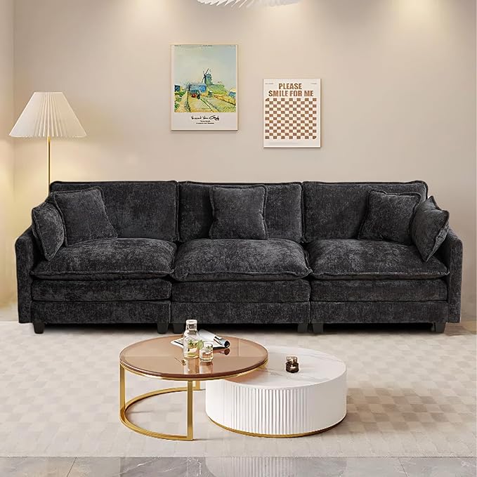 SoarFlash 113.78" Chenille Sectional Sofa, Comfy Modular Loveseat Sofa, Modern 3-Seat Couch Deep Seat Sofa Set for Living Room,Black