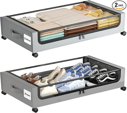 Under Bed Storage with Wheels,XXL 60L Under Bed Storage Containers with Clear Lids, Rolling Under Bed Metal Drawer for Clothes, Shoes,Toys(Gray, 2 Pack)