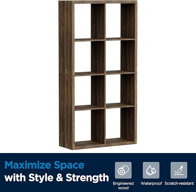 8 Cube Storage Organizer, Cube Shelf with Heavy-Duty Thick Boards, 25.12" L x 9.37" W x 48.74" H, Smooth Easy-Clean Panels, Simple Assembly, for Living Room Bedroom Office, Brown