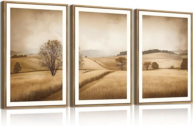 BINCUE Framed Countryside Wall Art Rustic Village Wall Decor Farmhouse Landscape Art Print for Living Room Bedroom Office 16x24 Inches Set of 3