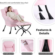 Cozy Lazy Chair and Ottoman, Large Contemporary Accent Lounge Chair Set, Leisure Upholstered Reading Armchair for Bedroom, Living Room, Dorm Rooms, Office, Peach Pink
