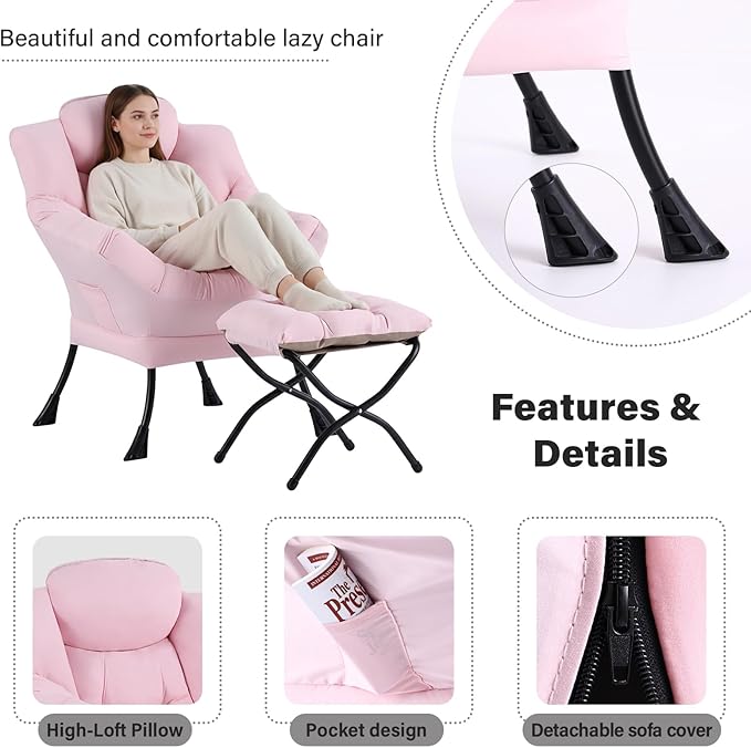 Cozy Lazy Chair and Ottoman, Large Contemporary Accent Lounge Chair Set, Leisure Upholstered Reading Armchair for Bedroom, Living Room, Dorm Rooms, Office, Peach Pink