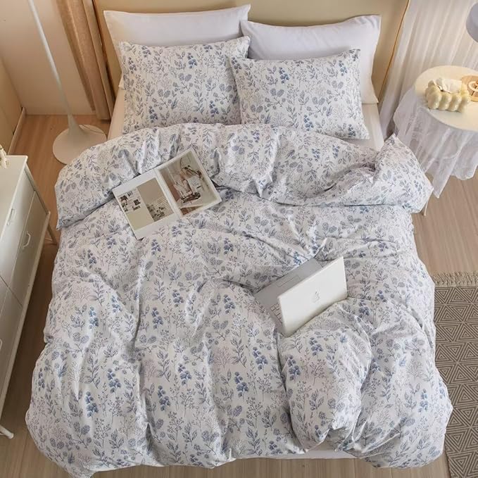 MKXI Comforter Twin Size Bed Girl Blue Floral White Patterned Comforter Set Teen Girl Cute Floral Bedding Comforter Sets