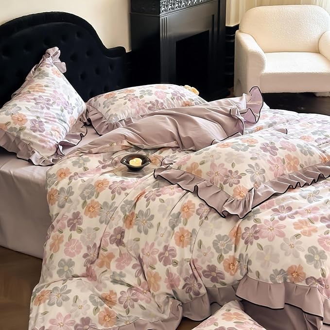 HighBuy Aesthetic Floral Duvet Cover Set King Ruffle Vintage,100% Brushed Cotton Coquette Ruffle Bedding Set,Purple Blush Flowers Bedding Set,Duvet Cover with 2 Pillowcases (20"x36")