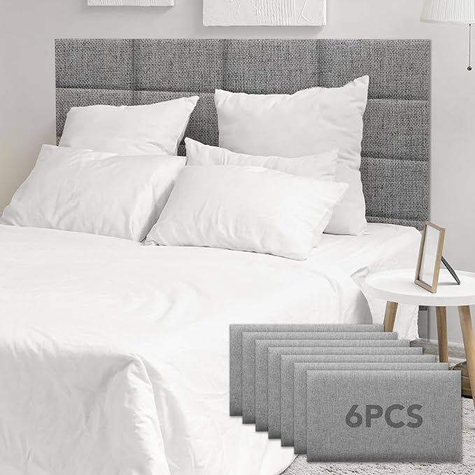 6 Piece Linen Fabric Peel and Stick Headboard, Upholstered Wall Mounted Headboard for Twin, 3D Anti-Collision Soundproof Self-Adhesive Wall Panel for Bedroom 16.53" x 9.84"