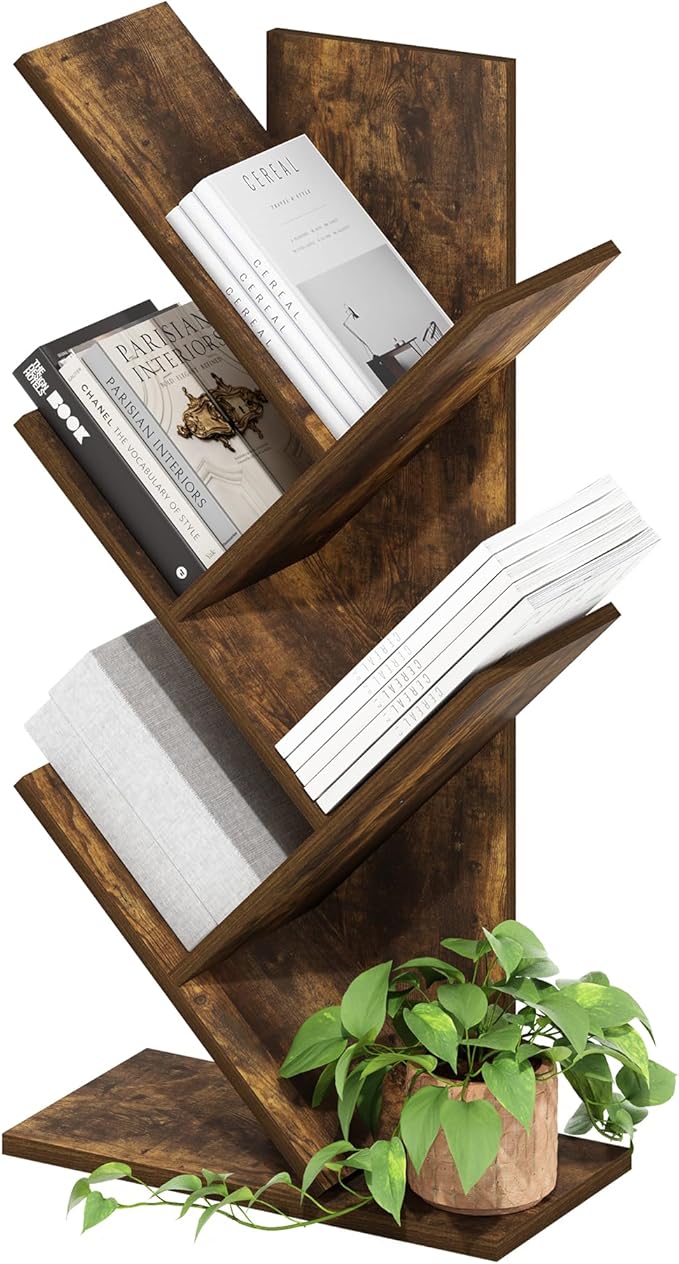 Furinno Tree Book Shelf, 5-Tier Bookshelf, Tree Bookcase for Room Decor, 8.4 x 15.7 x 30.3, for Living Room, Bedroom, Home Office, Amber Pine