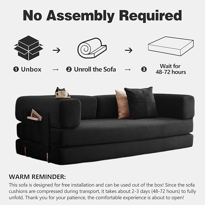 78.8" Convertible Sofa Bed - Compression Sofa with Corduroy Fabric - with Armrests and Backrest - Modular Sectional for Living Room, Bedroom, Studio - Compression Sofa in Box (Black)
