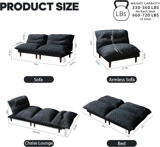Futon Sofa Bed, 4 in 1 Multi-Functional Futon Couch with Adjustable Backrest, Convertible Sleeper Sofa Bed and Recliner Lounge, Loveseat for Living Room, Apartment, Office, 3 Sets, Black