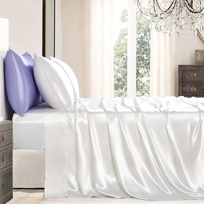 Satin Sheets Full Size - 4 Pieces Luxury Silky Soft Bed Sheets, Wrinkle-Free White Satin Silk Sheet Set with 1 Deep Pocket Fitted Sheet, 1 Flat Sheet, 2 Pillow Cases