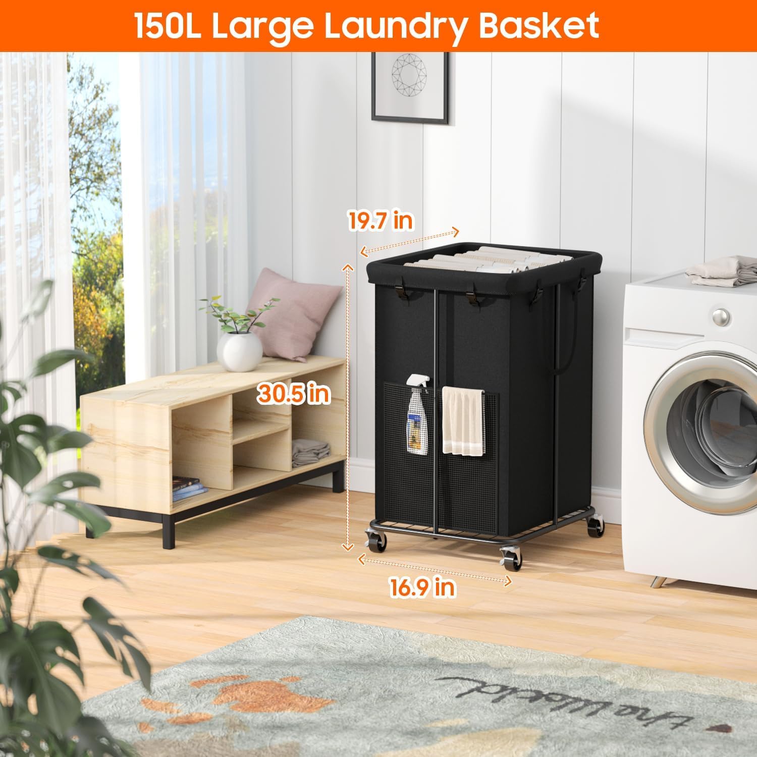 150L Laundry Hamper with Wheels, Rolling Laundry Basket with Metal Frame and Removable Bag, Large & Tall Dirty Clothes Hampers for Bedroom Aesthetic, Laundry Room, Bathroom, Dorm-Black Dormly