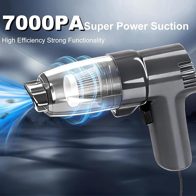Car Mounted Vacuum Cleaner - 7000PA High-Power Suction, Dry & Wet Dual-Purpose, Portable Mini Handheld Vacuum with LED Light & Attachments, Ideal for Car Interior, Pet Hair, Dust & Debris (Grey)