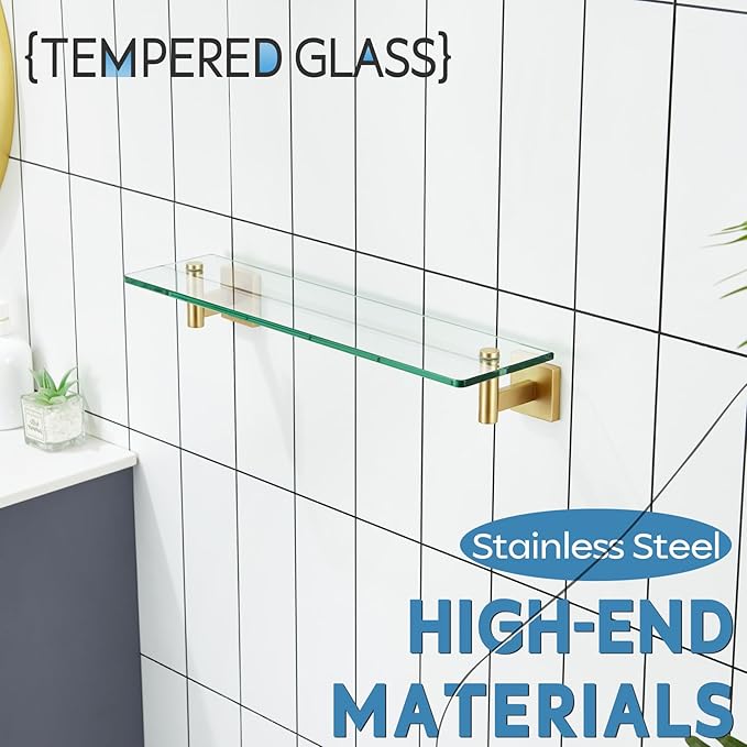 KOKOSIRI Wall Shelves Floating Shelf 20-Inch Stainless Steel Bathroom Hardware Tempered Glass Kitchen Hanging for Storage/Room Decor Gold B1105BG-L20