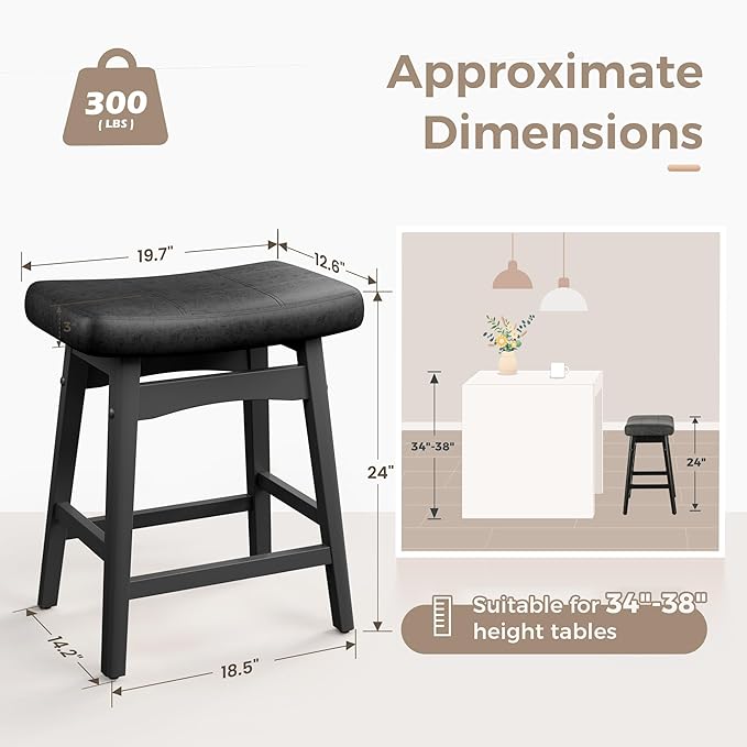 MAISON ARTS Black Counter Height Bar Stool for Kitchen Counter Solid Wood Legs with Faux Leather Saddle Seat Farmhouse Barstool for 34"-38" Counter Island Upholstered Stool, 24in Height, 1pc