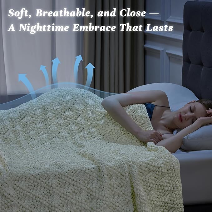 Knitted Weighted Blanket for Adult, Chunky Knit Weighted Throw for Sleep 50"*60" 7lbs, Cooling Breathable Heavy Blanket for Hot Sleepers, Machine Washable Blanket for Room Decor(Ivory White)