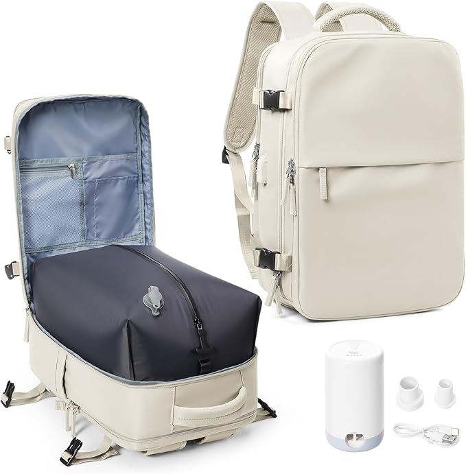 suwasp Vacuum Compression Backpack, 45L Expandable Travel Backpack with Electric Vacpack Pump, Travel Vacuum Bags with Shoe Compartment/17inch Laptop Compartment/USB Port, Beige