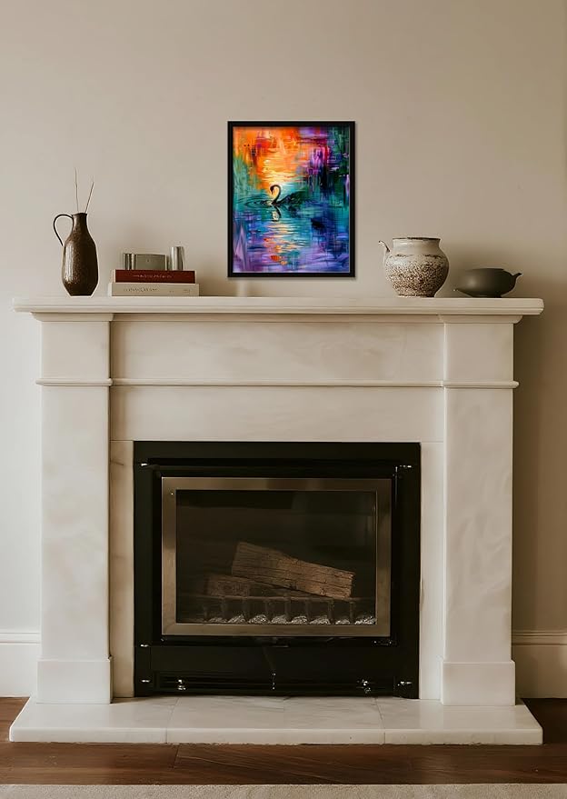 Monet Style Colorful Wall Art Prints Black Swan In The Misty Lake Poster Canvas Art Wall Decor Picture For Bedroom Dorm Office Bathroom Wall Decor Aesthetic Home Artwork 12" × 16" With Framed