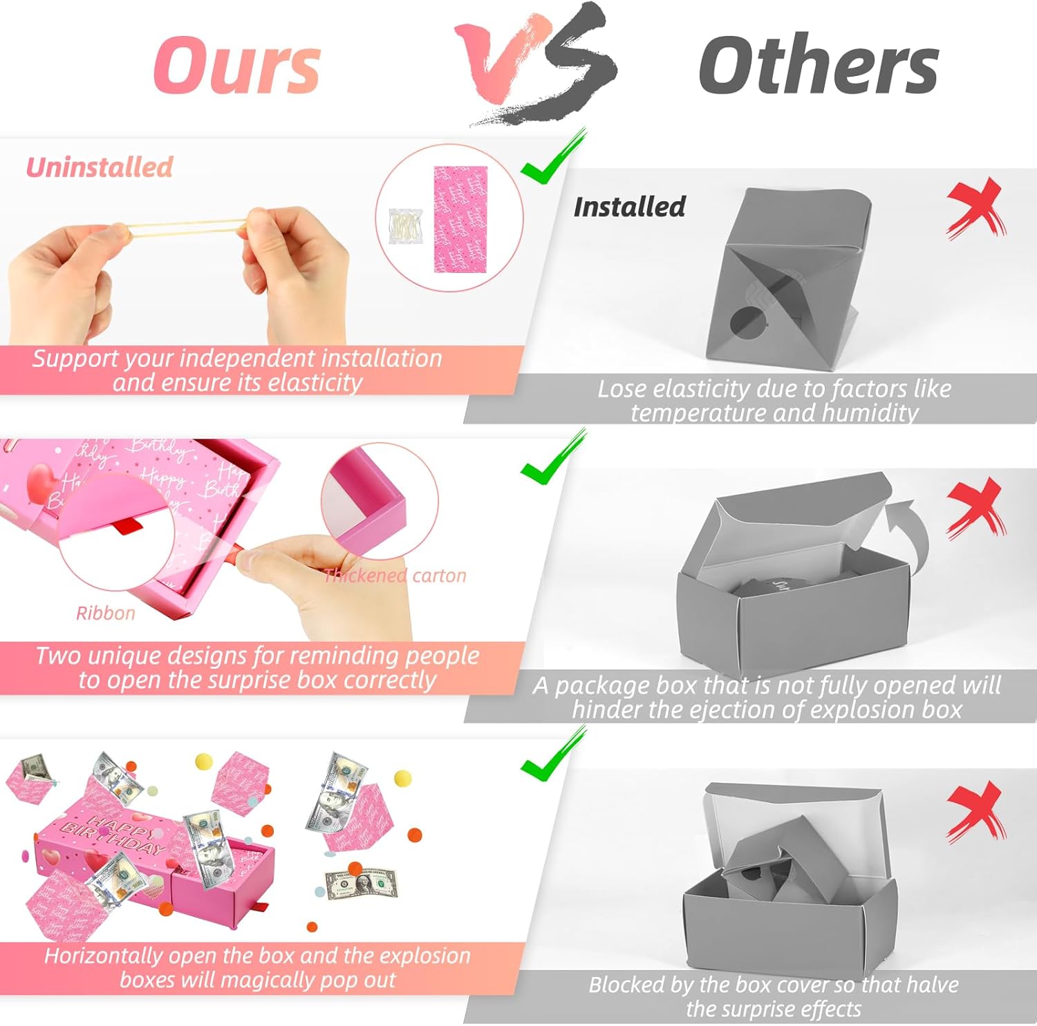 Happy Birthday Surprise Gift Box Explosion for Money - DIY Pop Out Folding Bounce Explosion Gift Box with Confetti - Birthday Money Bank - Cash Gift Idea for Women Men Kids (Pink)