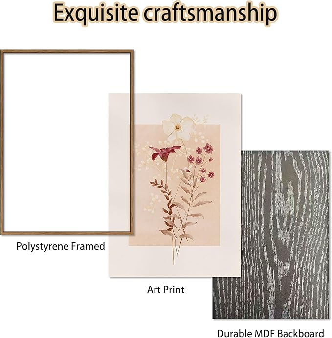 KISSFOX 3 Piece Framed Wall Art Botanical Wall Decor Pink Flower Pictures Wildflowers Canvas Art Watercolor Floral Paintings Minimalist Boho Artwork for Living Room Bedroom Office
