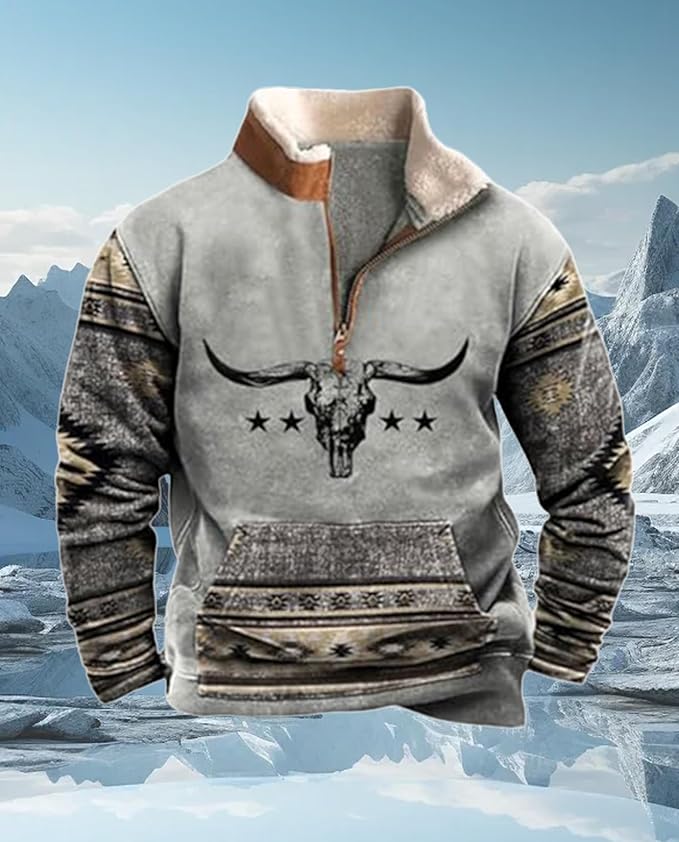 Western Sweatshirts for Men Aztec Cowboy Vintage Graphic Fleece Hoodie Mens Quarter Zip Pullover Country Jacket