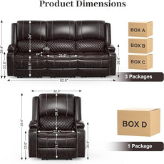 3 Seater Recliner Sofa Set with 2-Tier Cushion, 3+1 Pieces in Living Room, 3 Seater Reclining Couch Leather with Removable Console, 1 Oversize Recliner Chair Sofa Seat