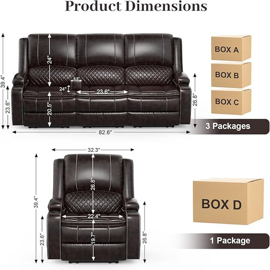 3 Seater Recliner Sofa Set with 2-Tier Cushion, 3+1 Pieces in Living Room, 3 Seater Reclining Couch Leather with Removable Console, 1 Oversize Recliner Chair Sofa Seat