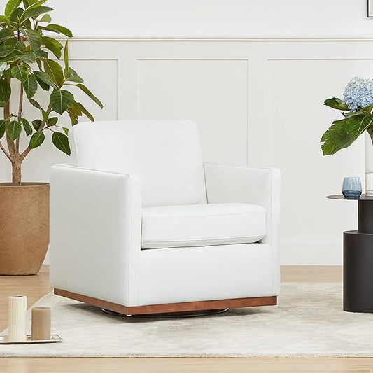 CHITA Genuine Leather Swivel Accent Chair, FSC Certified Mid Century Modern Arm Chair for Living Room and Bedroom, Fully Assembled, White