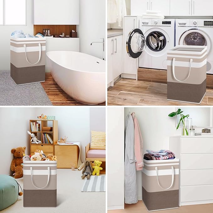 HomeHacks 2-Pack Large Laundry Basket, Waterproof, Freestanding Laundry Hamper, Collapsible Tall Clothes Hamper with Extended Handles for Clothes Toys in the Dorm and Family (Brown, 75L)