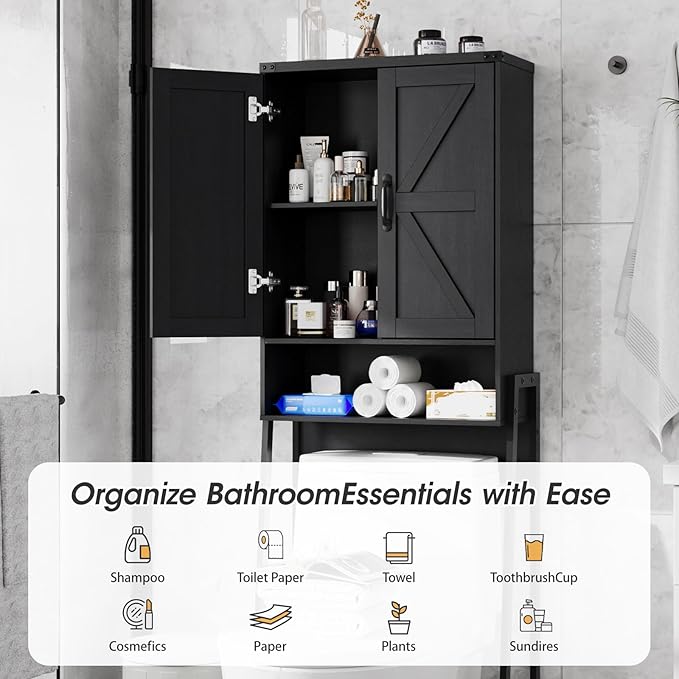 Over The Toilet Storage Cabinet with 2-Door Design Bathroom Organizers and Storage with Anti-Tip Device Over Toilet Organizer with Shelves for Bathroom,Restroom,Laundry Black