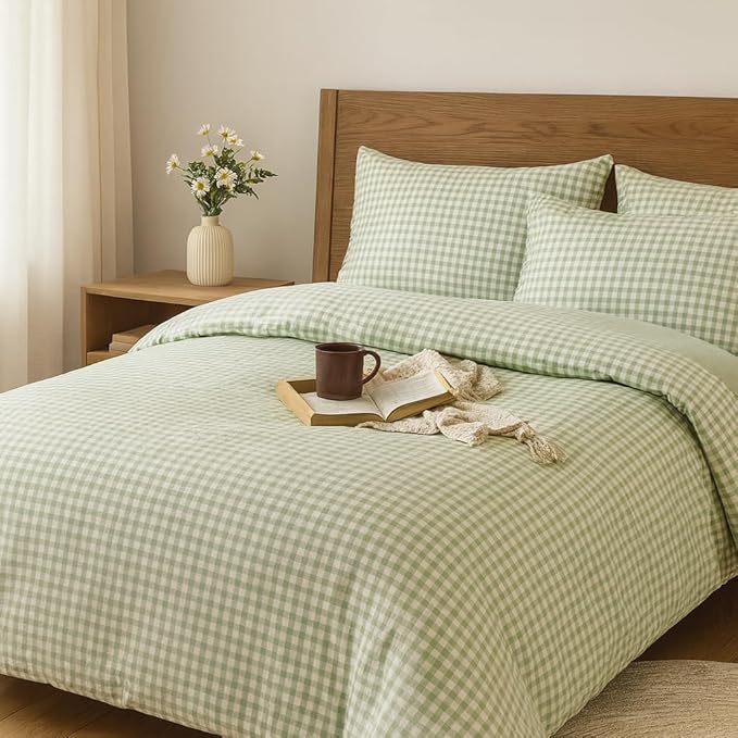 Gingham Duvet Cover Set Twin XL Green Plaid Comforter Cover 100% Washed Cotton GridBedding Set Ultra Soft Breathable Quilt Set Cute Dorm Room Essentials Kids Teens Bedroom Cozy Bedding Gifts