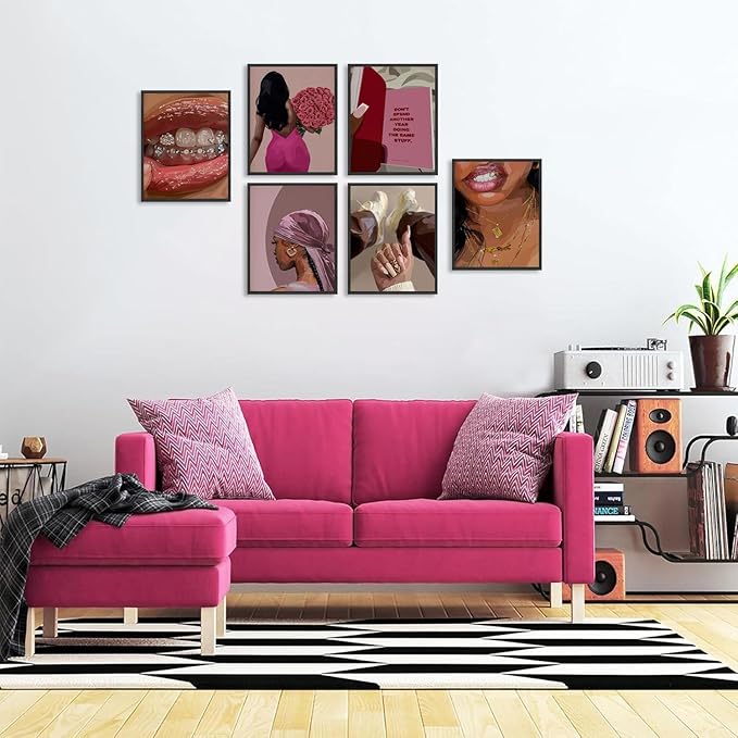 Black Woman Poster Set of 6, Fashion African American Women Wall Art, Trendy Abstract Black Girl Canvas Wall Decor Paintings Aesthetic Pictures for Bedroom Living Room 12x16 inch Unframed