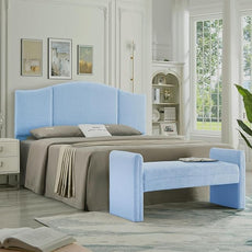 24KF Modern Upholstered Bed Bench Covered with Soft Boucle Teddy Fabric, Lovely Entryway Bench Ottoman with Armrest, 5062-Light Blue