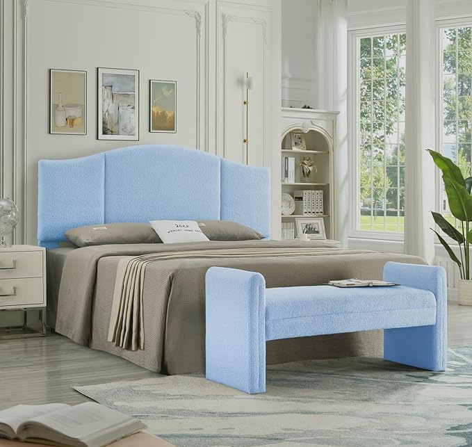 24KF Modern Upholstered Bed Bench Covered with Soft Boucle Teddy Fabric, Lovely Entryway Bench Ottoman with Armrest, 5062-Light Blue