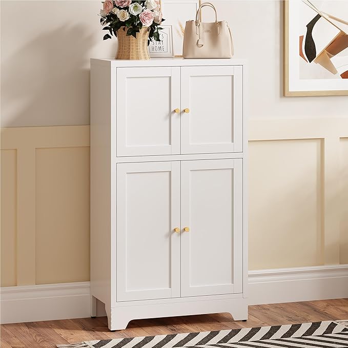 Metal Bathroom Storage Cabinet, Freestanding Storage Cabinets with 4 Doors and 2 Adjustable Shelves,White Metal Floor Cabinet for Restroom, Kitchen,Living Room,Hallway