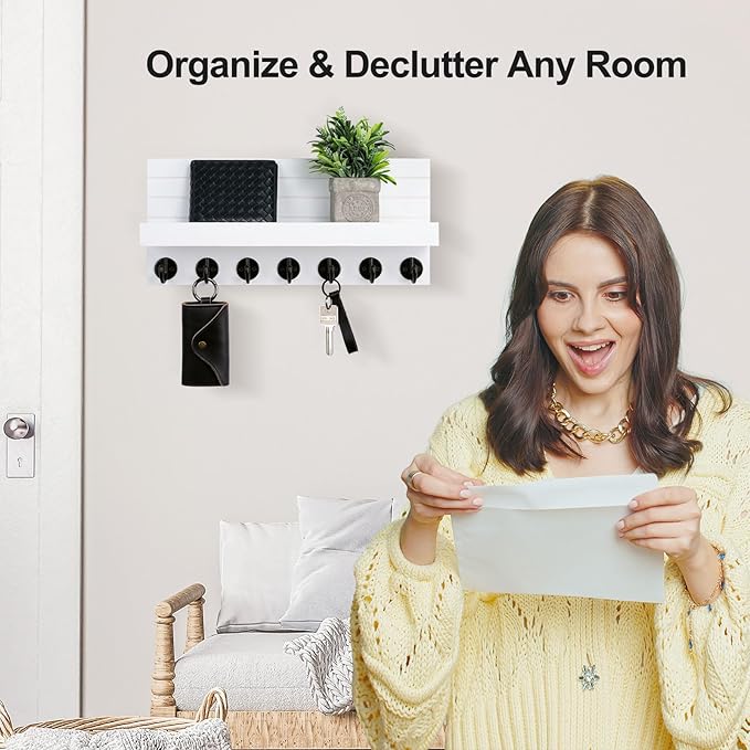 Key Holder Wall Mount, Entryway Key and Mail Holder with 7 Sturdy Hooks for Sunglasses, Dog Leash, Decorative Wall Shelf with Mounting Hardware, 15”W x 6.7”H x 4.2”D (White)