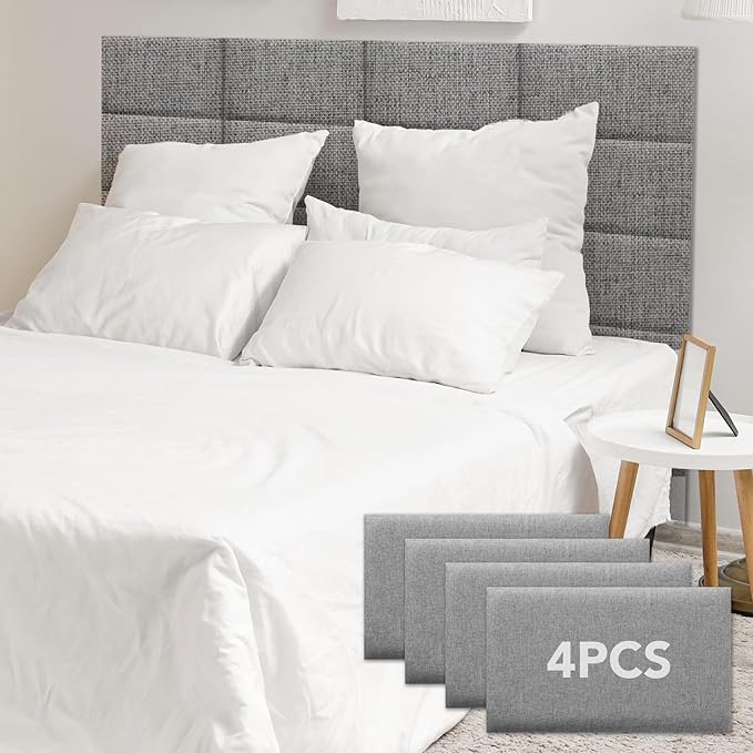 4 Piece Linen Fabric Peel and Stick Headboard, Upholstered Wall Mounted Headboard for Twin, 3D Anti-Collision Soundproof Self-Adhesive Wall Panel for Bedroom 16.53" x 9.84"