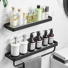 2PCS 15.7 Inch Floating Bathroom Shelves with Towel Bar, Clear Tempered Glass Wall Shelf with Hand Towel Holder for Bathroom Storage Organizer, Matte Black