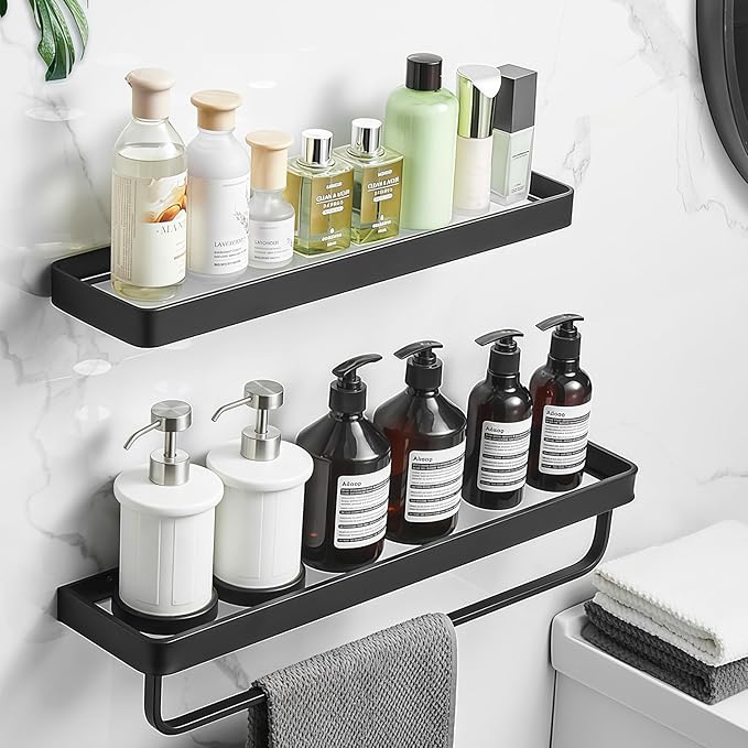 2PCS 15.7 Inch Floating Bathroom Shelves with Towel Bar, Clear Tempered Glass Wall Shelf with Hand Towel Holder for Bathroom Storage Organizer, Matte Black