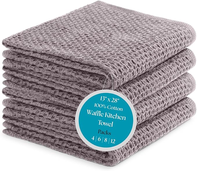 100% Cotton Waffle Weave Kitchen Dish Towels – Solid, Ultra Soft, Scratch-Free & Superb Absorbent - Quick Drying Cleaning Towels,Perfect disch Cloth 13 x 28-4 Pack, Grey