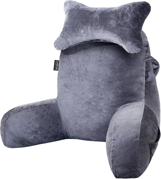 SLIGUY Reading Pillow for Sitting in Bed Couch Adult, Back Pillow with arm Support and Pockets, Adult Back Pillow Bed Chair for Bed Rest, Reading, Watching TV, Gaming for Boys and Girls Dark Grey