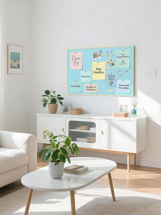 Bulletin Board 30 x 20 inches, Dark Blue Pin Board, Golden Aluminum Framed Fabric Cork Board with 10 Push Pins