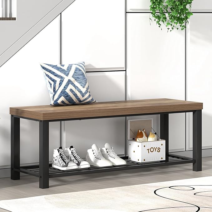 FOLUBAN Entryway Bench, Industrial Wood and Metal Storage Bench with Metal Shelf, Indoor Shoe Rack Bench Seat for Living Room, Bedroom, Hallway, Entrance, Rustic Oak, 47 Inch